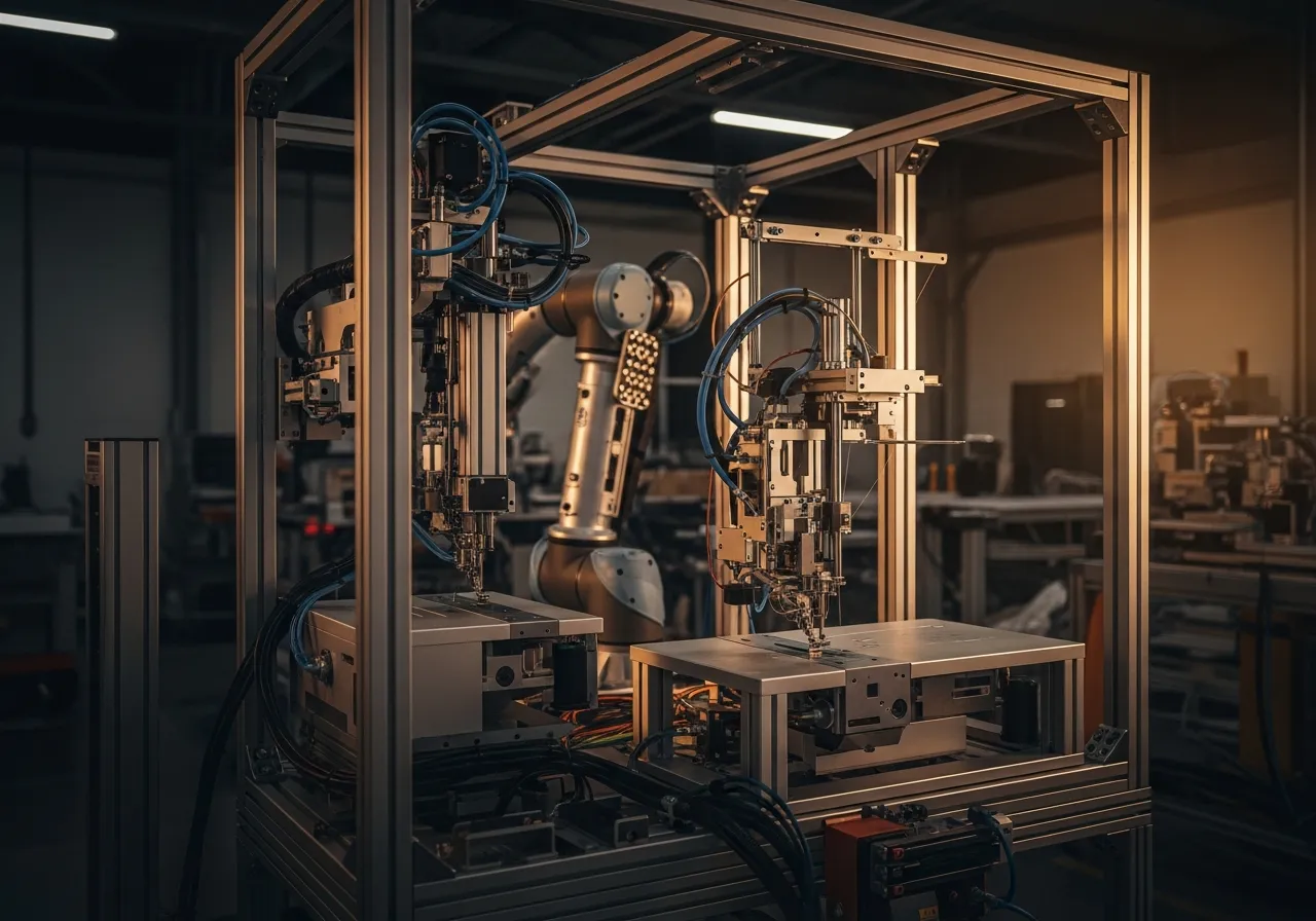 Representative automotive machinery for the operation category, brushed steel in a dark shop